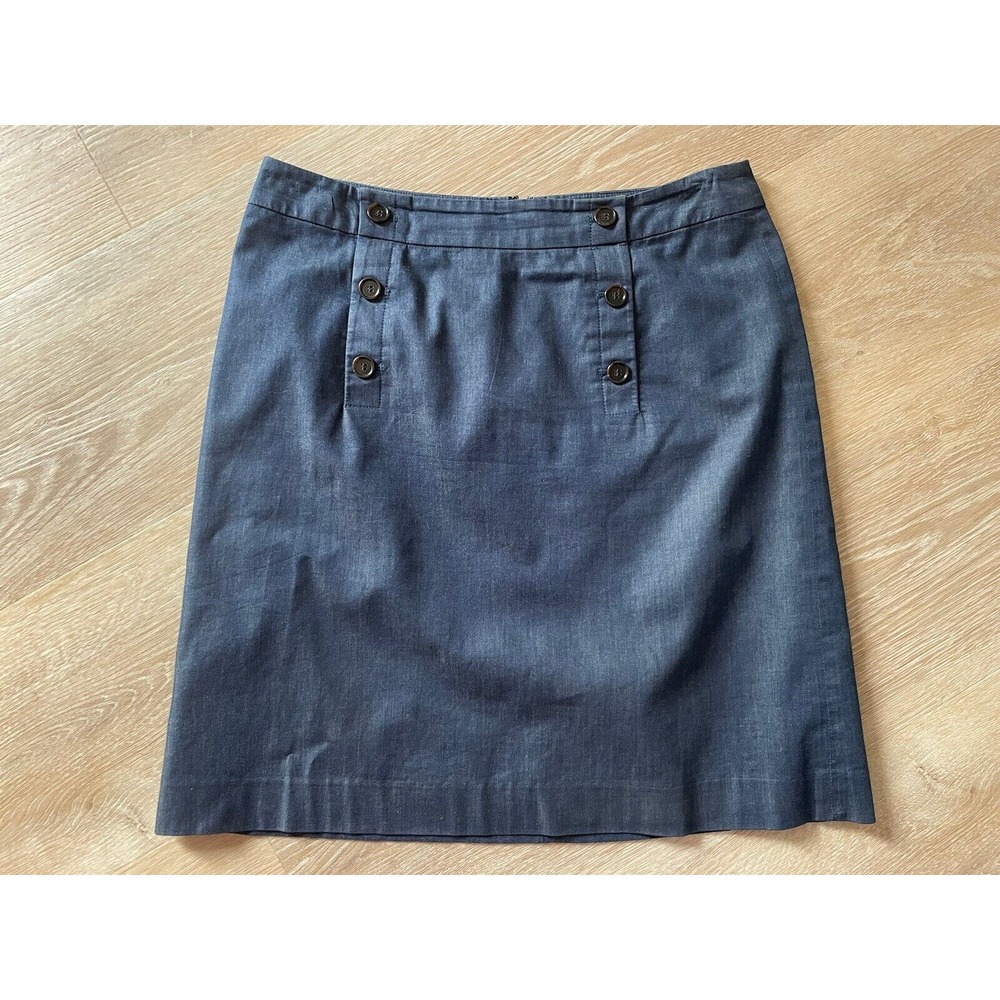 Ann Taylor Skirt 8 Blue Chambray Denim Button Stretch Pencil Preppy Academia Zip